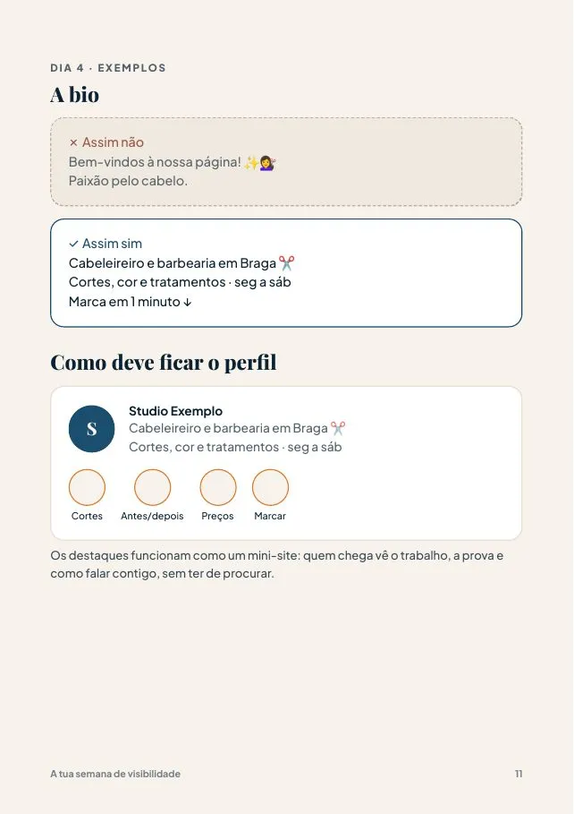 Página de exemplos do guia: bio do Instagram antes e depois